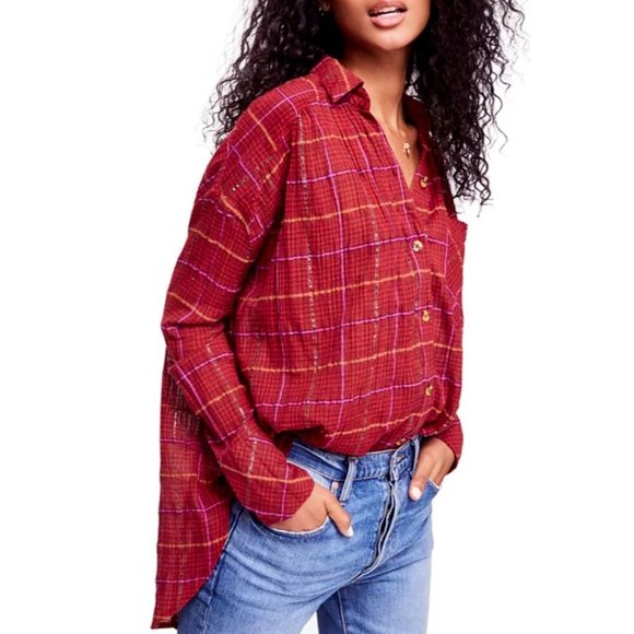 Free People Tops - Free People Break Red / Orange Plaid My Stride Button Up /Down Long Sleeve Top S